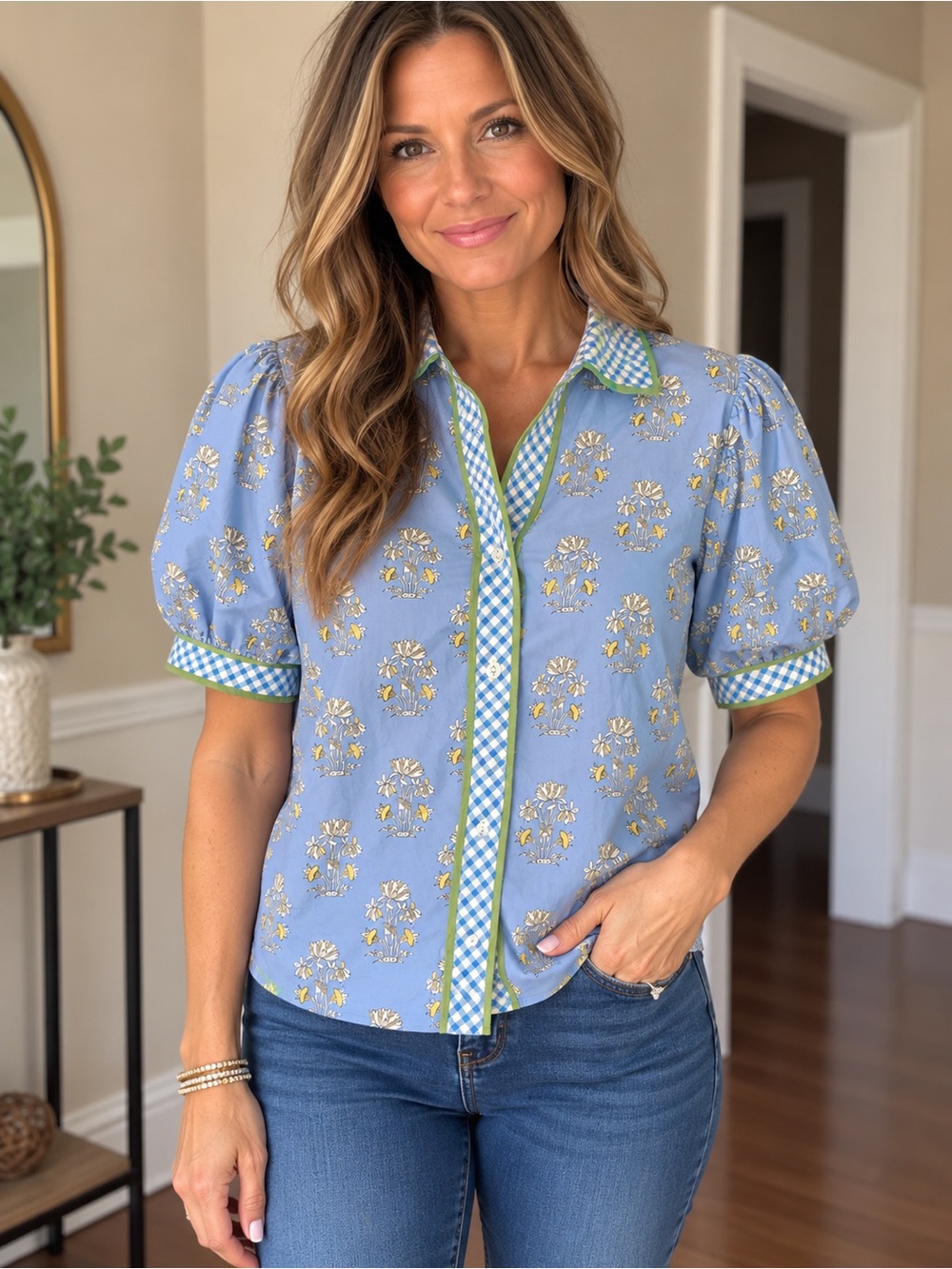 entro Blue Floral Puff-Sleeve Button-Down with Gingham Trim